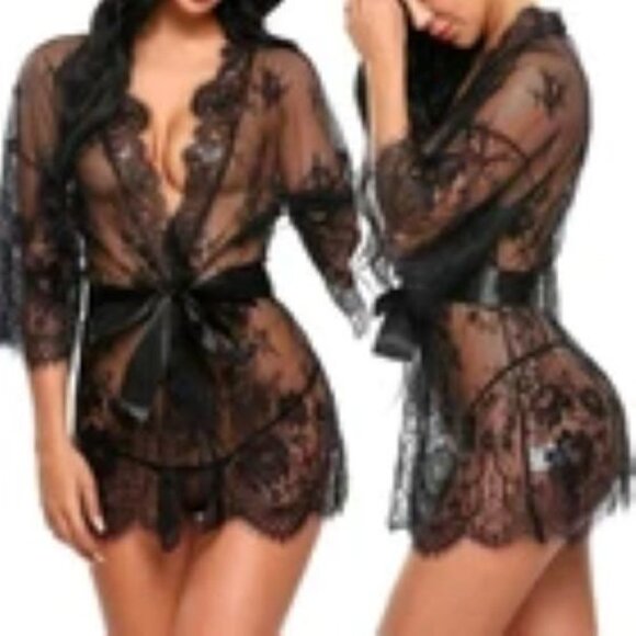 Lingerie Black Lace Robe 2 PC Women Sleepwear Gothic Seductive Romantic Moody M - Picture 1 of 2